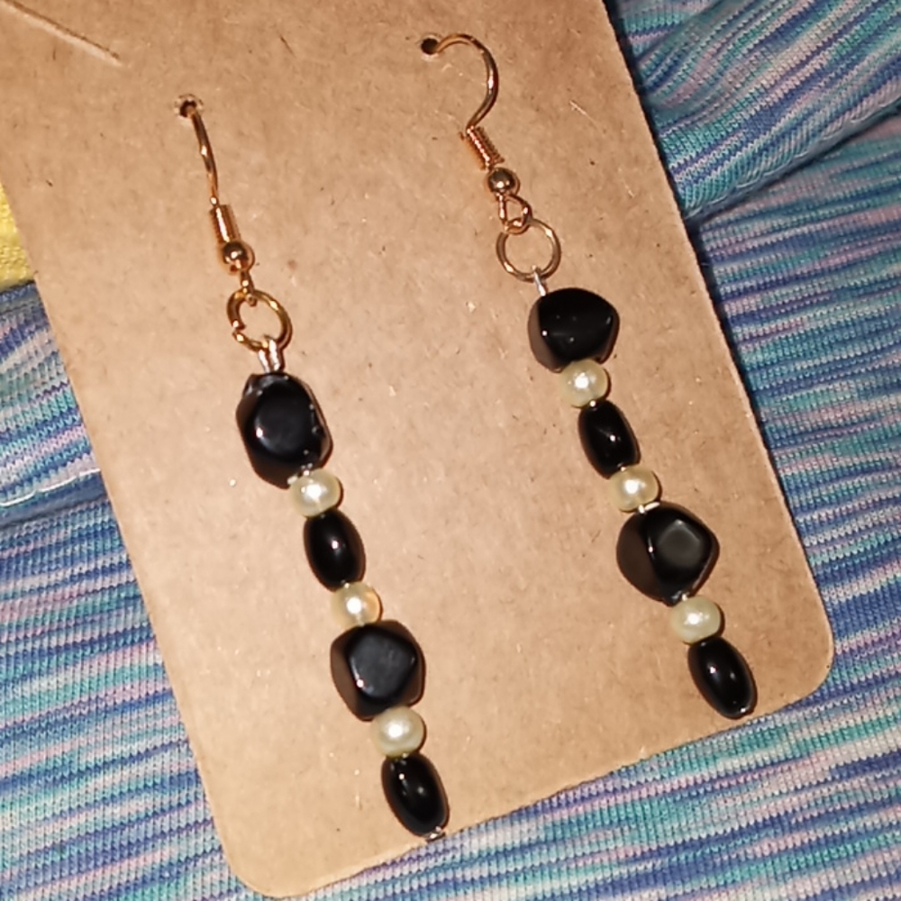 Hand Crafted Freshwater pearl and black gemstone statement dangling earrings New